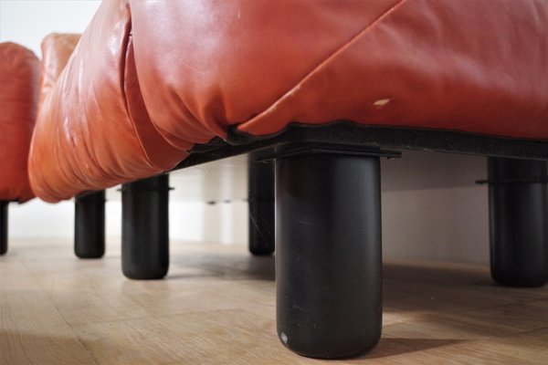 Sofas and Poufs in Orange Leather Marius & Marius by Mario Marenco for Arflex, 1970s, Set of 3-KNM-1049393