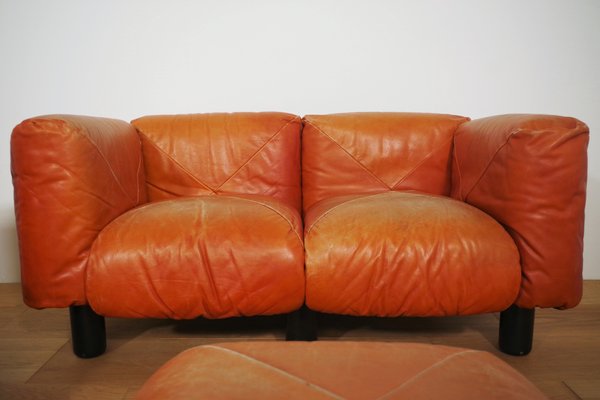 Sofas and Poufs in Orange Leather Marius & Marius by Mario Marenco for Arflex, 1970s, Set of 3-KNM-1049393