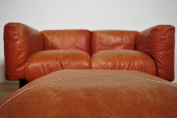 Sofas and Poufs in Orange Leather Marius & Marius by Mario Marenco for Arflex, 1970s, Set of 3-KNM-1049393