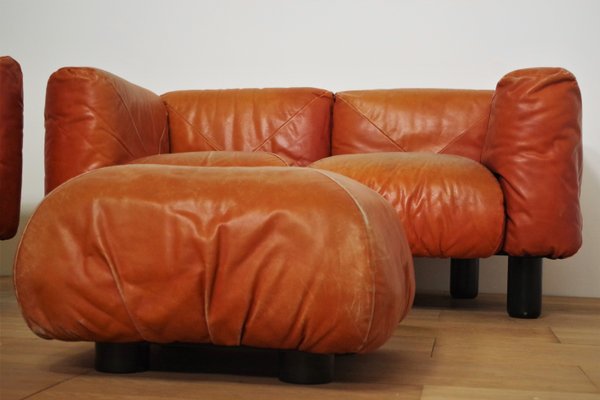 Sofas and Poufs in Orange Leather Marius & Marius by Mario Marenco for Arflex, 1970s, Set of 3-KNM-1049393