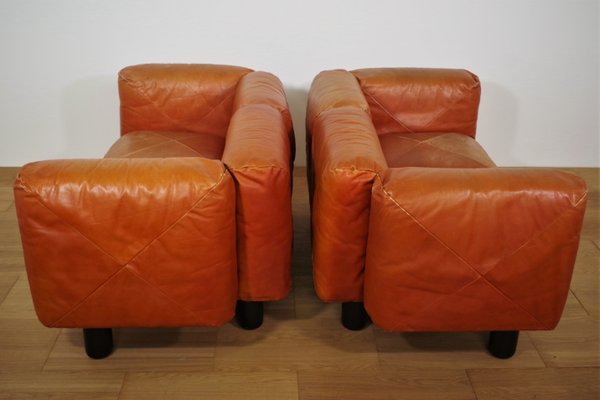 Sofas and Poufs in Orange Leather Marius & Marius by Mario Marenco for Arflex, 1970s, Set of 3-KNM-1049393