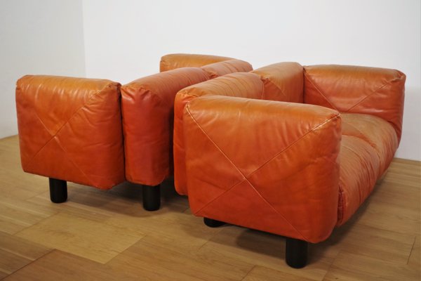 Sofas and Poufs in Orange Leather Marius & Marius by Mario Marenco for Arflex, 1970s, Set of 3-KNM-1049393