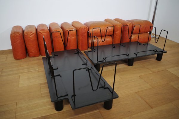 Sofas and Poufs in Orange Leather Marius & Marius by Mario Marenco for Arflex, 1970s, Set of 3-KNM-1049393