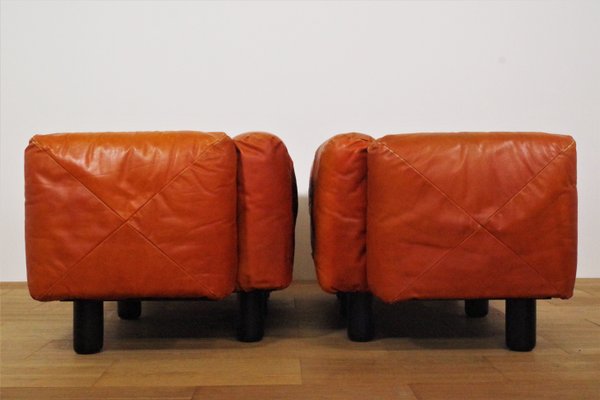 Sofas and Poufs in Orange Leather Marius & Marius by Mario Marenco for Arflex, 1970s, Set of 3-KNM-1049393