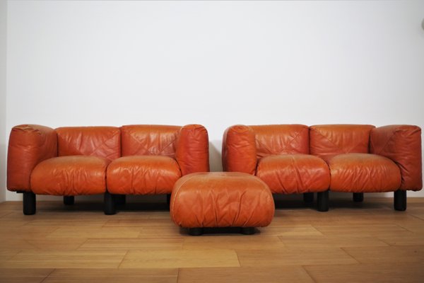 Sofas and Poufs in Orange Leather Marius & Marius by Mario Marenco for Arflex, 1970s, Set of 3-KNM-1049393