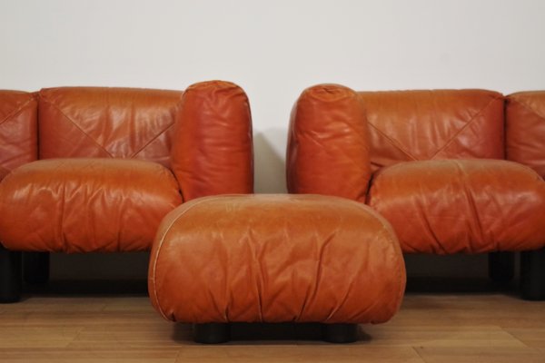 Sofas and Poufs in Orange Leather Marius & Marius by Mario Marenco for Arflex, 1970s, Set of 3-KNM-1049393