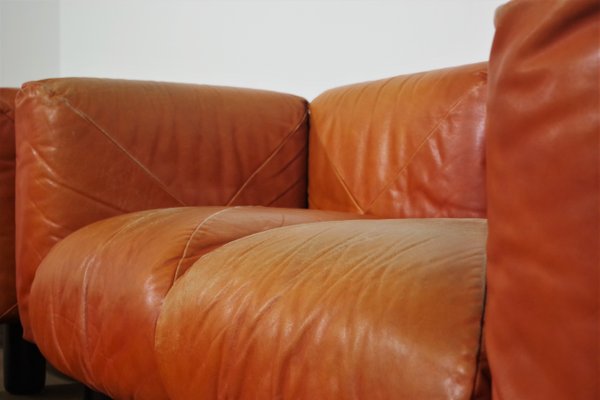 Sofas and Poufs in Orange Leather Marius & Marius by Mario Marenco for Arflex, 1970s, Set of 3-KNM-1049393