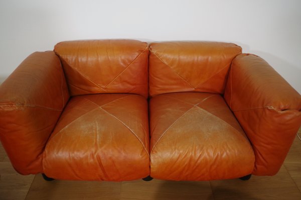 Sofas and Poufs in Orange Leather Marius & Marius by Mario Marenco for Arflex, 1970s, Set of 3-KNM-1049393