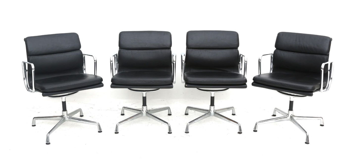 Soft Pad Alu Chair Ea 207 Armchairs or Office Armchair in Black Leather by Charles & Ray Eames for Vitra, Set of 4