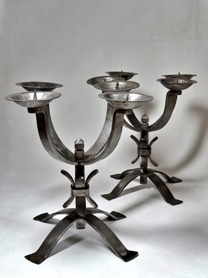 Solid Brutalist Wrought Iron Candlesticks with 4 Lights, Set of 2-GRD-2022963