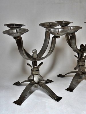 Solid Brutalist Wrought Iron Candlesticks with 4 Lights, Set of 2-GRD-2022963