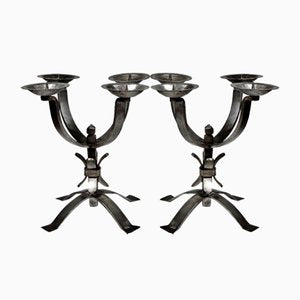 Solid Brutalist Wrought Iron Candlesticks with 4 Lights, Set of 2-GRD-2022963