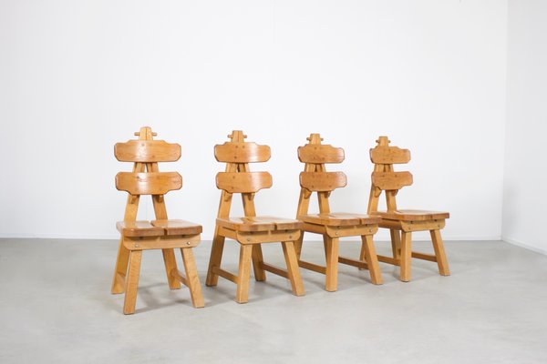 Solid Oak Brutalist Chairs, 1970s, Set of 4-QT-1263497