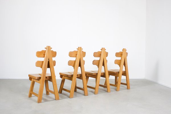 Solid Oak Brutalist Chairs, 1970s, Set of 4-QT-1263497