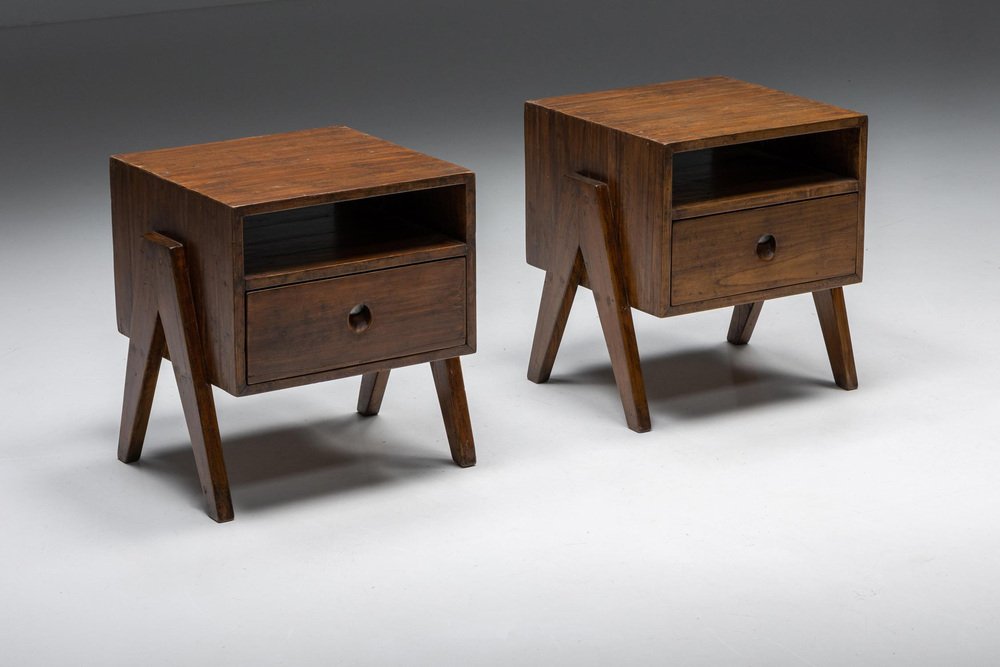 Solid Teak Chandigarh Bedside Table by Pierre Jeanneret, 1955