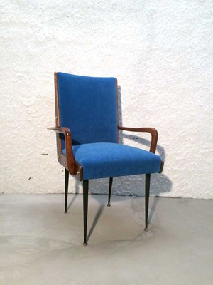 Solid Walnut Armchair with Black Iron Legs, Brass Details & Blue Velvet Fabric Attributed to Ico Parisi, 1950s-GGK-1017452