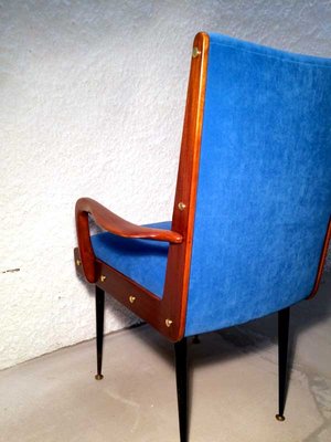 Solid Walnut Armchair with Black Iron Legs, Brass Details & Blue Velvet Fabric Attributed to Ico Parisi, 1950s-GGK-1017452