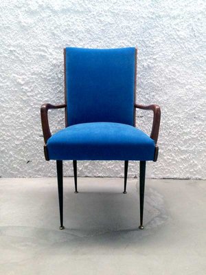 Solid Walnut Armchair with Black Iron Legs, Brass Details & Blue Velvet Fabric Attributed to Ico Parisi, 1950s-GGK-1017452