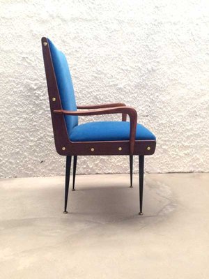 Solid Walnut Armchair with Black Iron Legs, Brass Details & Blue Velvet Fabric Attributed to Ico Parisi, 1950s-GGK-1017452