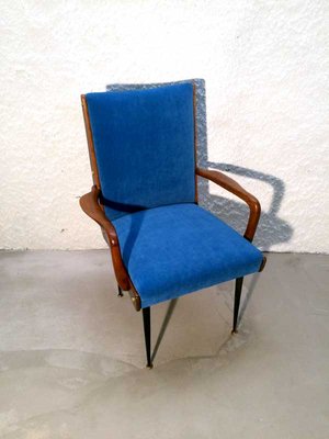 Solid Walnut Armchair with Black Iron Legs, Brass Details & Blue Velvet Fabric Attributed to Ico Parisi, 1950s-GGK-1017452