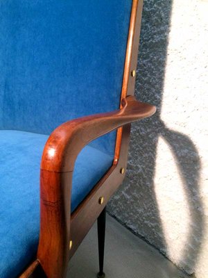 Solid Walnut Armchair with Black Iron Legs, Brass Details & Blue Velvet Fabric Attributed to Ico Parisi, 1950s-GGK-1017452