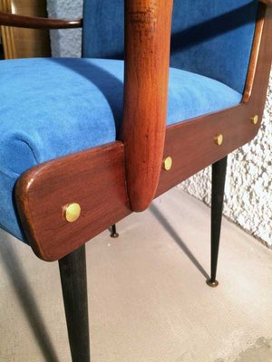 Solid Walnut Armchair with Black Iron Legs, Brass Details & Blue Velvet Fabric Attributed to Ico Parisi, 1950s-GGK-1017452