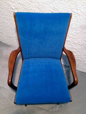 Solid Walnut Armchair with Black Iron Legs, Brass Details & Blue Velvet Fabric Attributed to Ico Parisi, 1950s-GGK-1017452