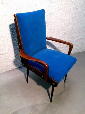 Solid Walnut Armchair with Black Iron Legs, Brass Details & Blue Velvet Fabric Attributed to Ico Parisi, 1950s-GGK-1017452