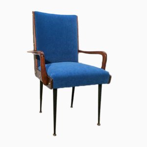 Solid Walnut Armchair with Black Iron Legs, Brass Details & Blue Velvet Fabric Attributed to Ico Parisi, 1950s-GGK-1017452