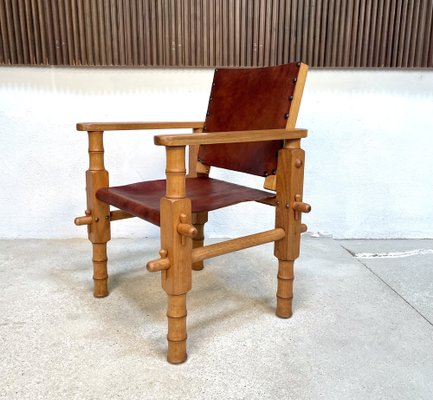 South American Brutalist Leather & Oak Safari Chair, Colombia, 1960s-JP-1369535