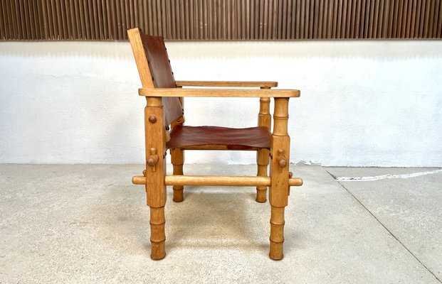 South American Brutalist Leather & Oak Safari Chair, Colombia, 1960s-JP-1369535