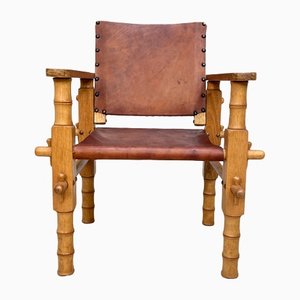 South American Brutalist Leather & Oak Safari Chair, Colombia, 1960s-JP-1369535