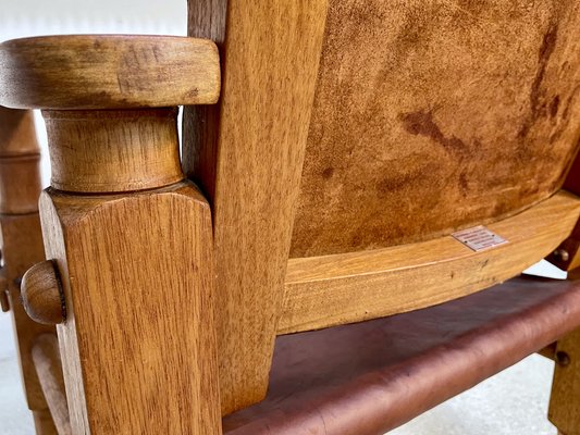 South American Brutalist Leather & Oak Safari Chairs, Colombia, 1960s, Set of 2-JP-1369541