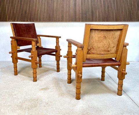 South American Brutalist Leather & Oak Safari Chairs, Colombia, 1960s, Set of 2-JP-1369541