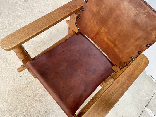 South American Brutalist Leather & Oak Safari Chairs, Colombia, 1960s, Set of 2-JP-1369541