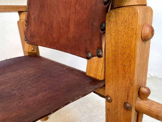 South American Brutalist Leather & Oak Safari Chairs, Colombia, 1960s, Set of 2-JP-1369541