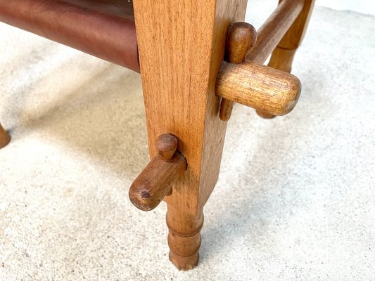 South American Brutalist Leather & Oak Safari Chairs, Colombia, 1960s, Set of 2-JP-1369541