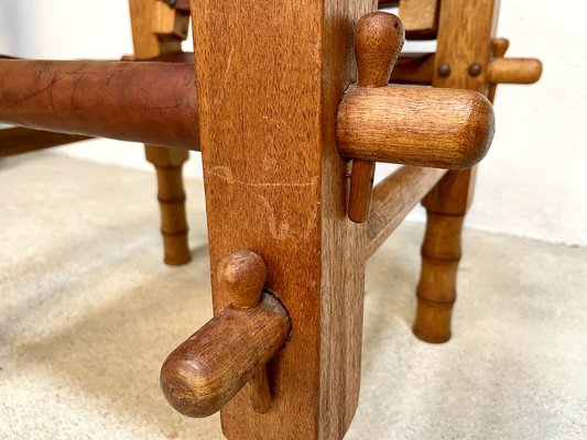 South American Brutalist Leather & Oak Safari Chairs, Colombia, 1960s, Set of 2-JP-1369541