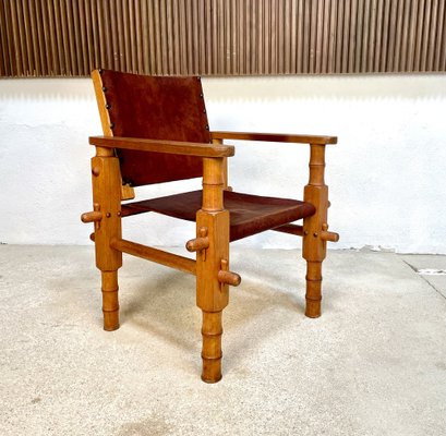 South American Brutalist Leather & Oak Safari Chairs, Colombia, 1960s, Set of 2-JP-1369541