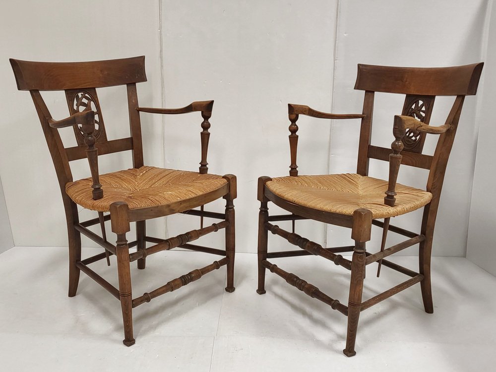 South Western Chairs in Oak & Straw, France, 1900s, Set of 2