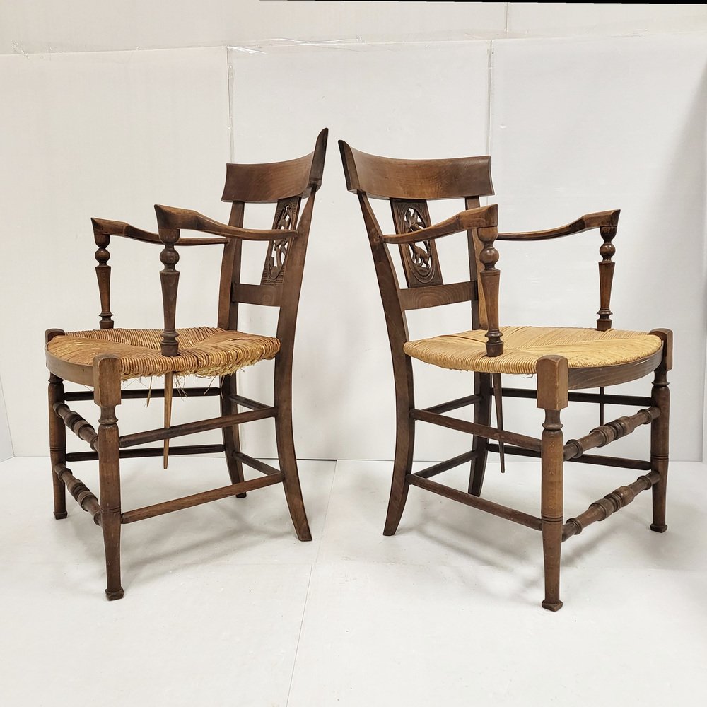 South Western Chairs in Oak & Straw, France, 1900s, Set of 2