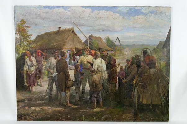 Soviet Propaganda Artist, Soldiers and Peasants, 1983, Canvas Painting-XNH-1804560