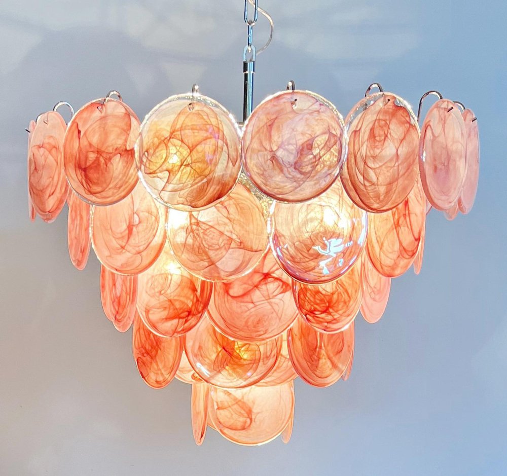 Space Age 57 Pink Murano Chandelier Alabaster Iridescent Glasses, 1990s