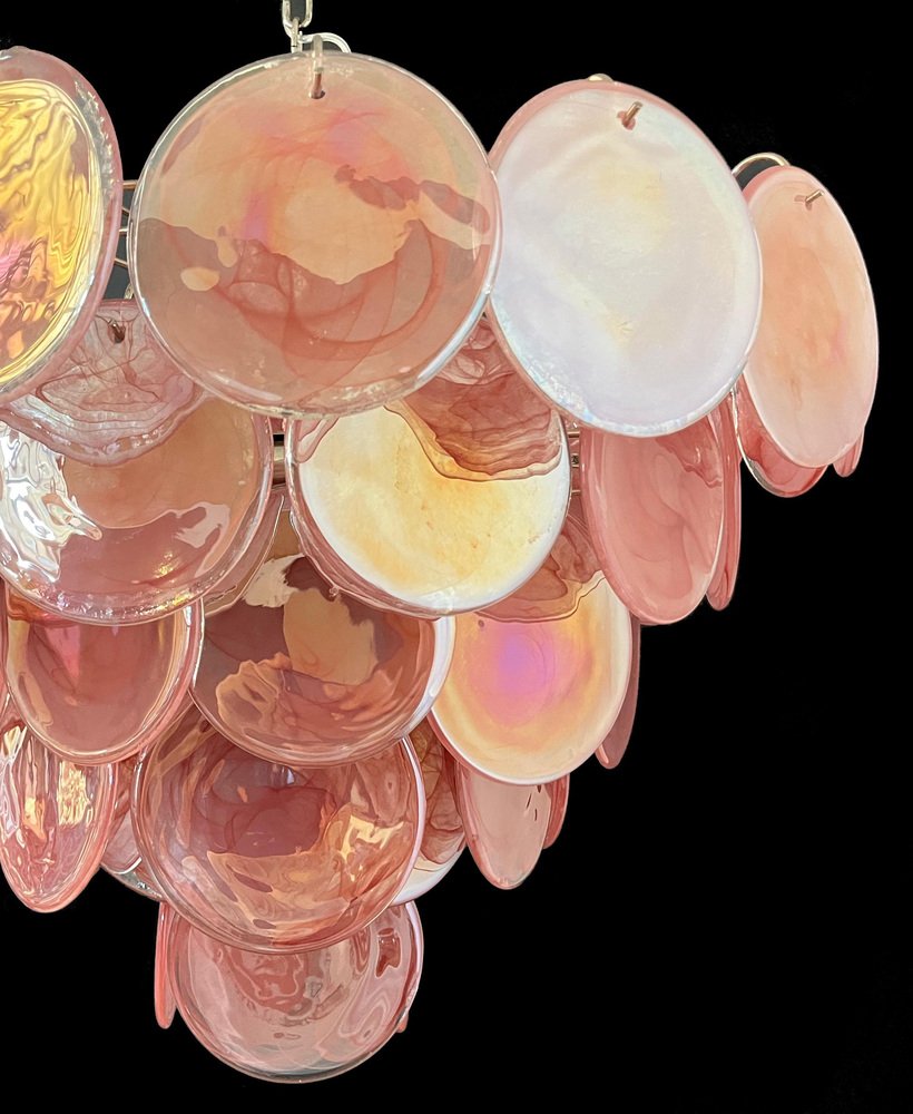 Space Age 57 Pink Murano Chandelier Alabaster Iridescent Glasses, 1990s