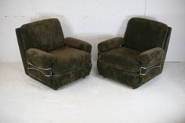 Space Age Armchairs in Brown Velvet and Steel, France, 1970s, Set of 2-MAO-1050231