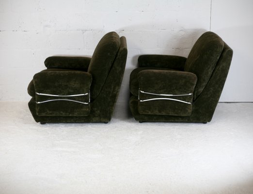 Space Age Armchairs in Brown Velvet and Steel, France, 1970s, Set of 2-MAO-1050231