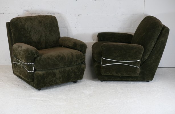 Space Age Armchairs in Brown Velvet and Steel, France, 1970s, Set of 2-MAO-1050231