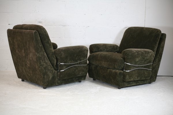 Space Age Armchairs in Brown Velvet and Steel, France, 1970s, Set of 2-MAO-1050231