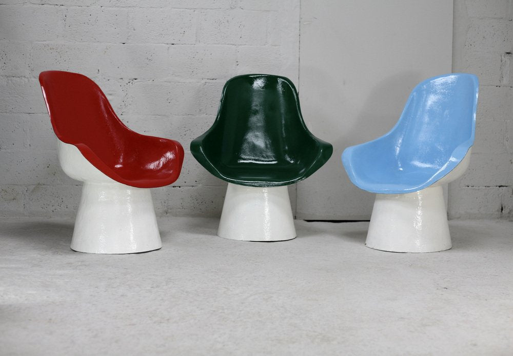 Space Age Armchairs in Painted Fiberglass, France, 1970s, Set of 3