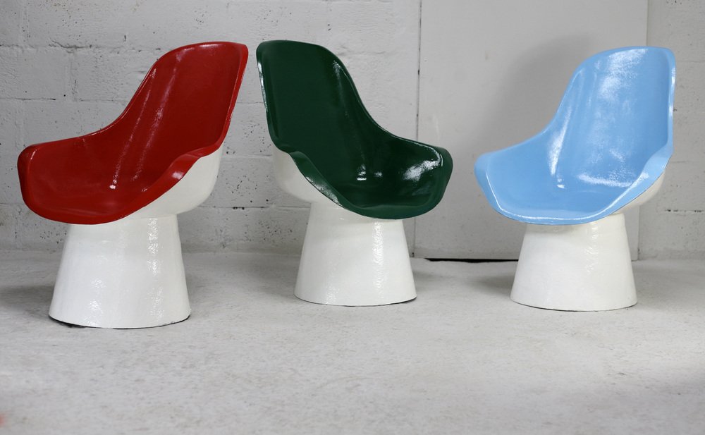 Space Age Armchairs in Painted Fiberglass, France, 1970s, Set of 3